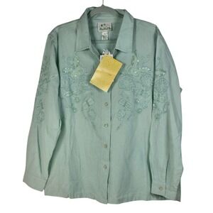 Quacker Factory Womens XL Mint Green Embroidered Butterfly Sequin Cotton Shirt